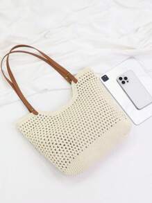 Women Minimalist Hollow Crochet Handbag, Summer Beach Shoulder Tote Bag For Women Vacation Outfit, Beach Essential