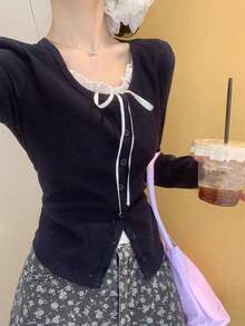 韩版纯色蕾丝拼布单排扣长袖打底T恤女上衣，图案随意裁剪 - 藏蓝色 - 查看 2