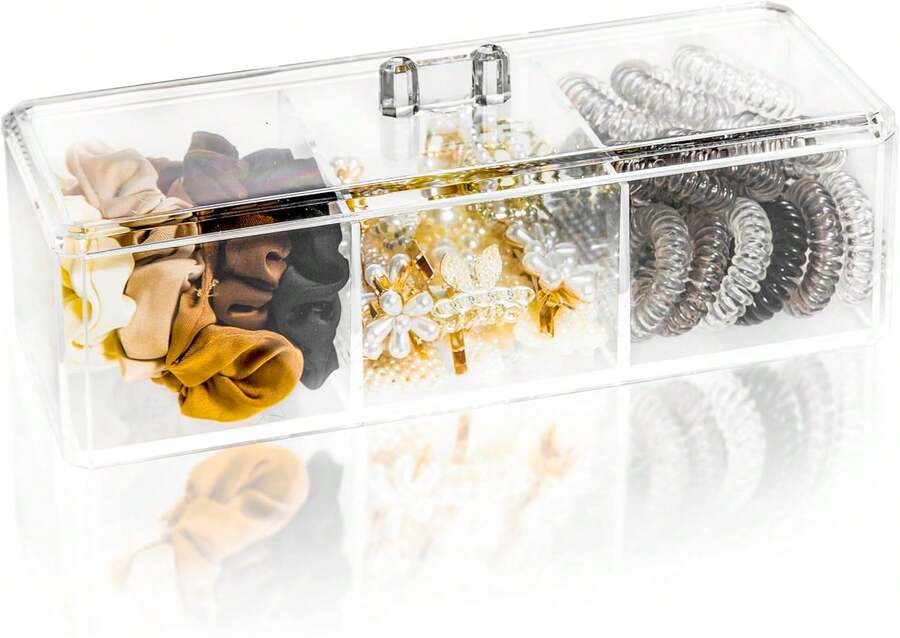 TelKeen Hair Accessories Organizer For Girls, Acrylic Hair Tie Organizer For Headband, Bows, Hair Clip, Cotton Swab Organization, Hair Clip Holder, 3 Compartments Hair Organizer Storage With Lid