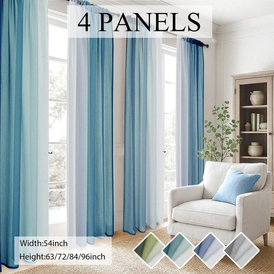 4 Panels Ombre  Sheer Curtains  For Living Room Bedroom Decor, Gradient Semi Voile Rod Pocket Window Curtain Drapes - 水鴨藍 - 查看 1