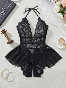 Floral Lace Crotchless Lingerie Teddy, Sexy Deep V Neck Ruffle Mesh Halter Bodysuit, Women's Sexy Lingerie & Underwear - 黑色 - 查看 1