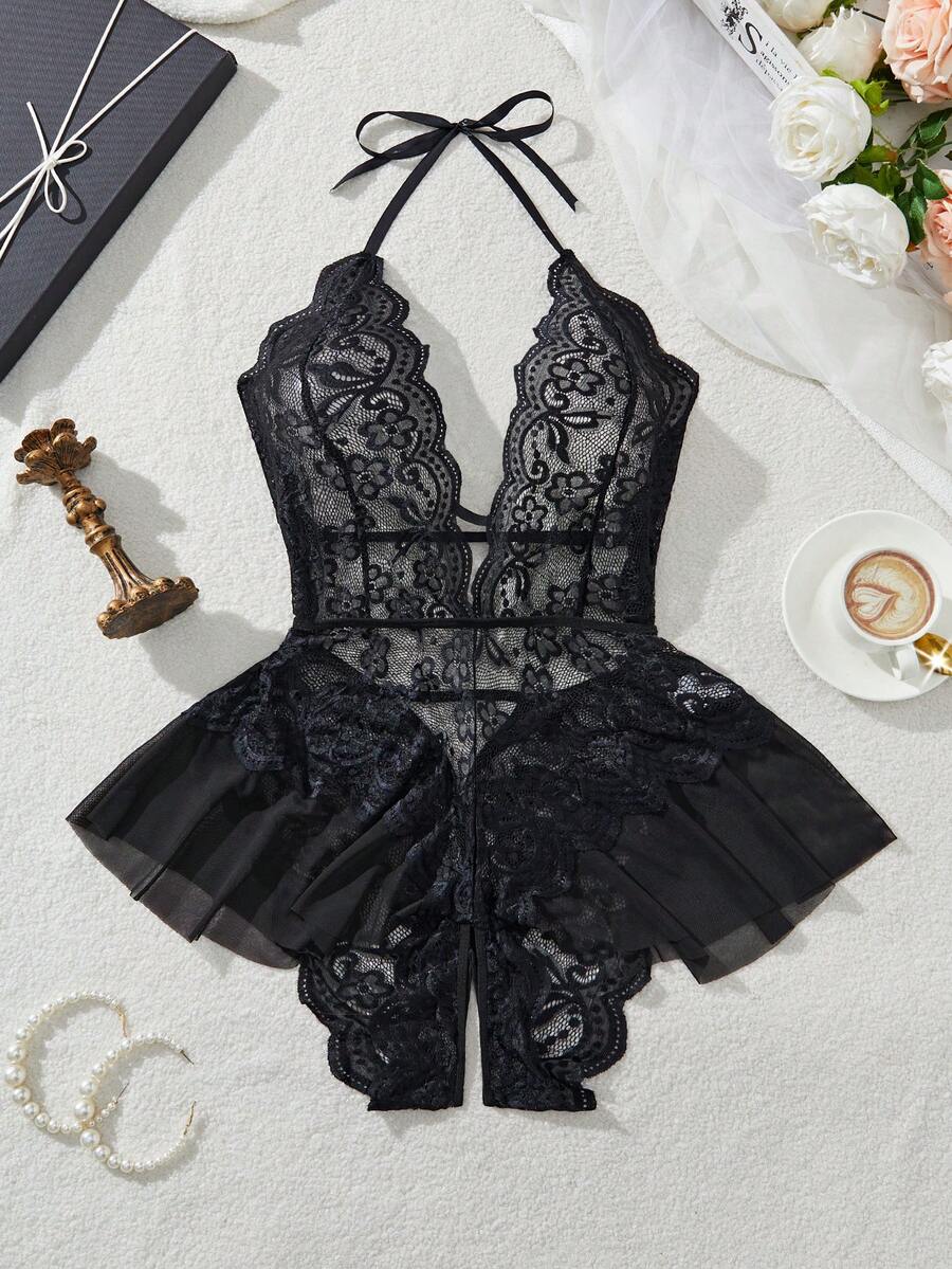 Floral Lace Crotchless Lingerie Teddy, Sexy Deep V Neck Ruffle Mesh Halter Bodysuit, Women's Sexy Lingerie & Underwear - 黑色 - 查看 1