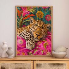 1pc, Canvas Hanging Picture, Framed, Vibrant Lion And Leopard Canvas Poster, Modern Art Wall Decor With Floral And Animal Patterns For Living Room, Bedroom, Bathroom, Home Office - Stylish Interior Home Decor, Room Decor