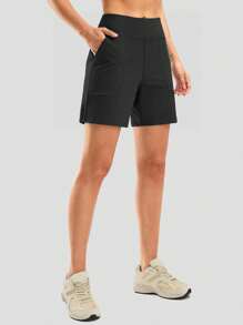 1 pieza Short de yoga de cintura alta y control de abdomen elástico talla grande para mujeres, casual y con estilo con bolsillos, mallas para entrenamiento al aire libre