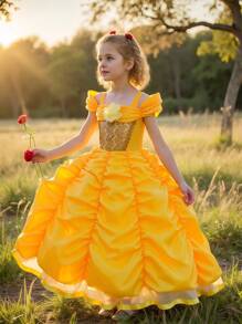 Yellow Satin Spaghetti Strap Princess Dress For Birthday Party, Flower Girl Dress For Wedding, Suitable For Celebration Events (V-Neck Sequin, Not Including Headband)