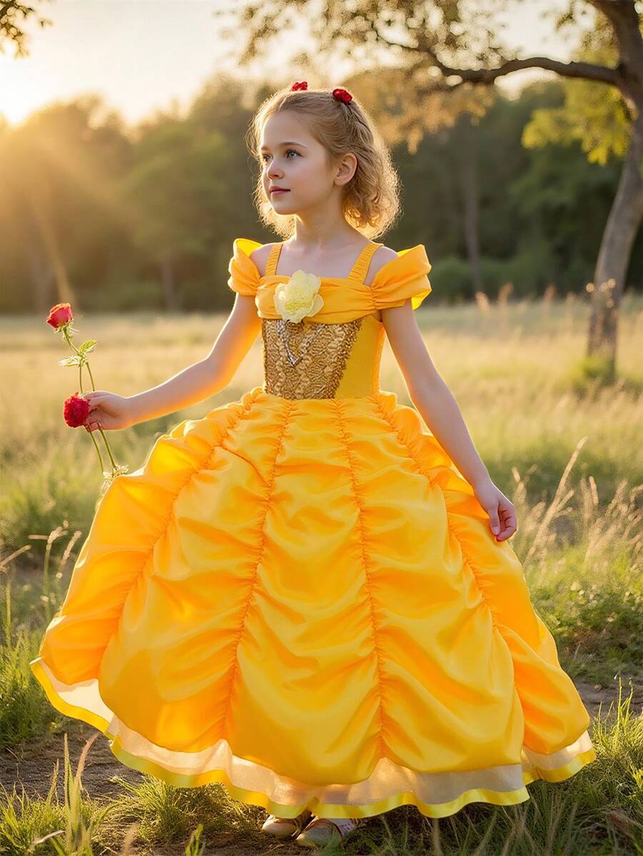 Yellow Satin Spaghetti Strap Princess Dress For Birthday Party, Flower Girl Dress For Wedding, Suitable For Celebration Events (V-Neck Sequin, Not Including Headband)