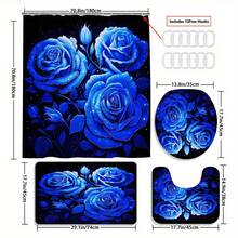 4pcs Blue Lovers Theme Shower Curtain Set, Housewarming Gift, Modern Home Decor, Medical Privacy Curtain, Includes Shower Curtain, Bath Mat, 12 Hooks Bathroom Accessories Back To School