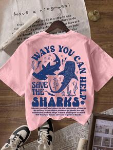 Áo thun nữ cổ tròn tay ngắn in hình bảo tồn biển cá mập - Màu Hồng baby - Xem 3