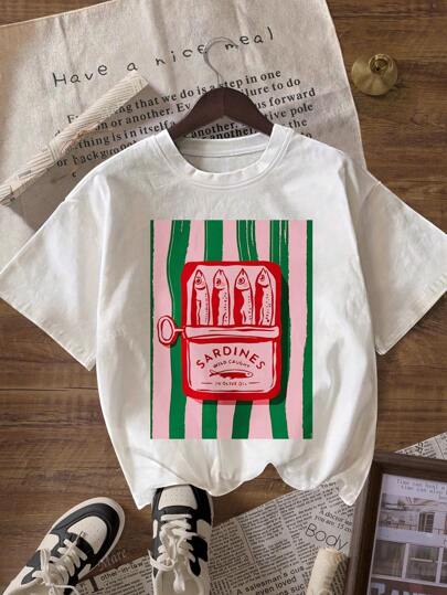 Camiseta feminina casual de gola redonda e manga curta com estampa de latas de sardinha, camiseta de praia para o verão