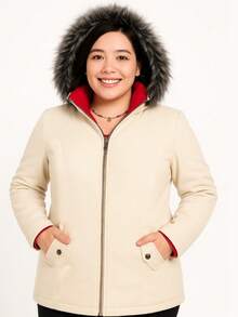 Chamarra Doble Vista con Capucha y Forro Acolchado, Modelo LAYLA, Acolchada, otoño, invierno, Ideal para Frío, Gorro de Peluche. - Beis con Rojo - Ver 1