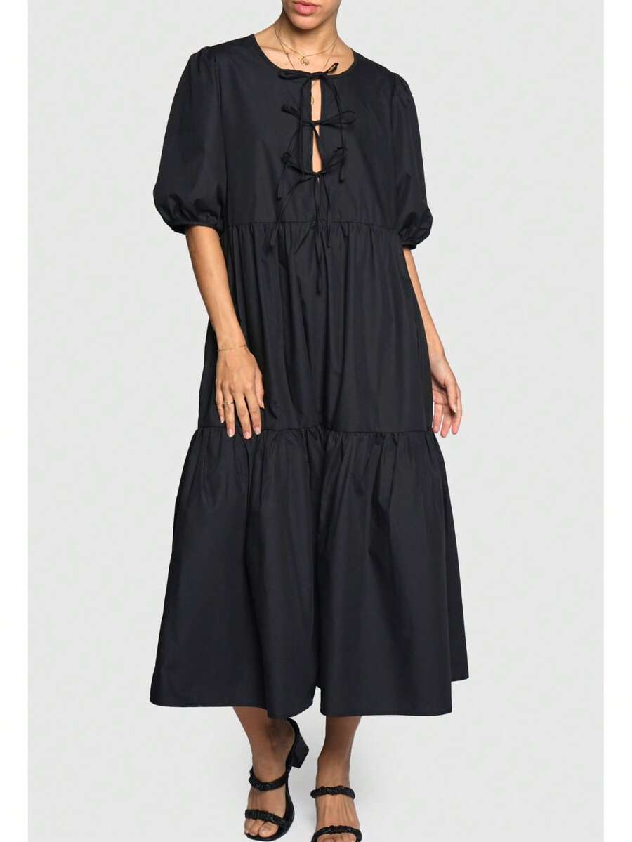 SANSSOUCI TIE FRONT TIERRED POLY COTTON MIDI SKIRT Plain Elegant Casual Modest Woven Fabric Tiered Layer Tie Front DRESS Beach Home Baby Shower Party Daily Elegant And Casual Tea Party Brunch SPRING SUMMER - 黑色 - 查看 1