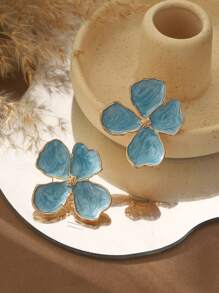 Summer Turquoise Women's Zinc Alloy Stud Earrings - Hawaiian 4-Petal Flower Design Bohemian Style Enamel, Suitable For Beach Vacation