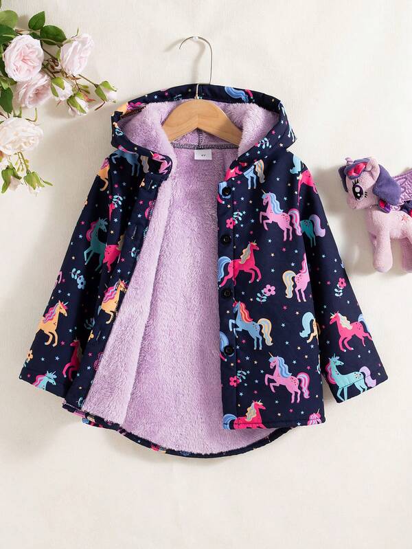 Girls' Casual & Fashionable Cartoon Print Hooded Front Zip Fleece Jacket, Autumn/Winter, Style P-4650