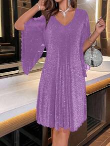 Women's Fashionable Party Glitter Flare Sleeve Dress - Purple - View 6