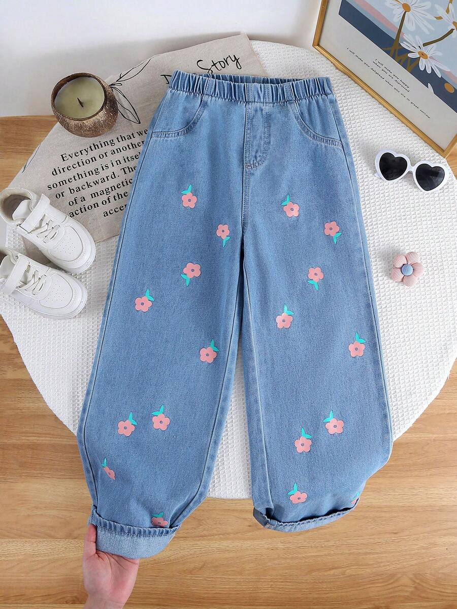 1pc Girls' Cute Printed Casual Elegant Versatile Straight Leg Jeans, New Autumn/Winter Design - Medium Wash - View 1