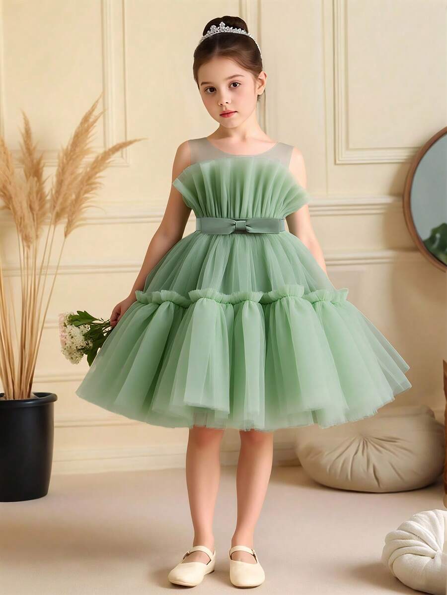Princess Tulle Dress With Bow Tie, Suitable For Party, Banquet, Birthday, Does Not Include Headband - Green - View 1