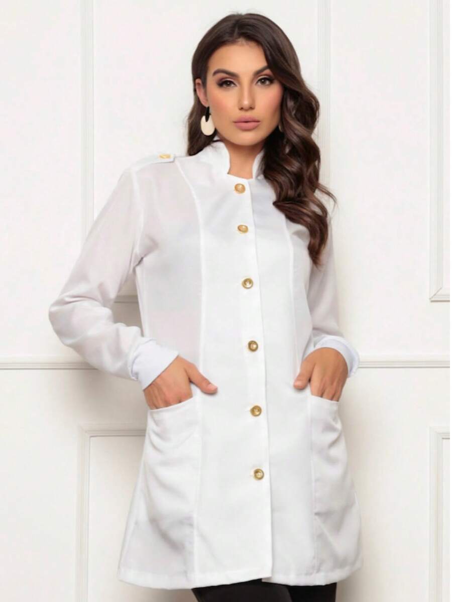 Women's Lab Coat Long Sleeve Priest Collar Button Bless White - trắng - Xem 1