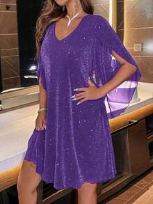 女式时尚派对闪光V领喇叭袖连衣裙 - 紫色 - 查看 6