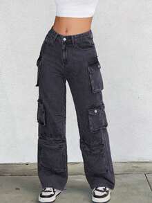 Y2K Streetwear Multi-Pocket Zipper Decor Wide Leg Jeans, Large Pockets Design, Casual Cargo Washed Denim Pants - Smoke Black - View 5