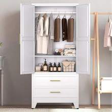 71 Inch High Metal Wardrobe With 2 Drawers And Hanging Bars, Bedroom Clothing Storage Cabinet, Suitable For Bedrooms, Laundry Rooms, Warehouses, Bedrooms - 白色 - 查看 10