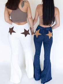 Women Back Stars High Waisted Flared Jeans Summer Y2k Star Pattern Raw Hem Slim Fit Bell Bottomed Denim Pants Vintage Jean Streetwear 4th Of July Outfits Independence Day Clothes - 深色水洗藍 - 查看 5