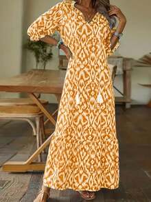 女士 V 领灯笼袖花卉印花长袖连衣裙 - 橘色 - 查看 4