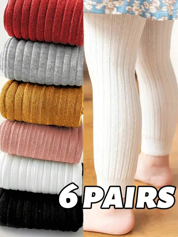 Set de 6 mallas cálidas y sin costuras para niños, leggings de baile elásticos de unicolor, de tela de punto, recortados, para niñas e infantes, otoño/invierno