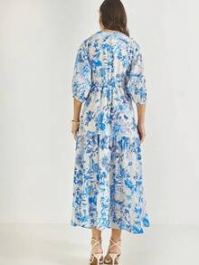 BIANCO LUCCI Women's Long Linen Dress With Cut Detail Pattern - Blue - View 2