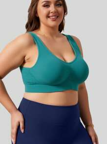 1pc Seamless Wireless & Non-Padded Lift Supportive Adjustable Yoga Sleep Comfort Side Gather Plus Size Sports Bra, Racerback