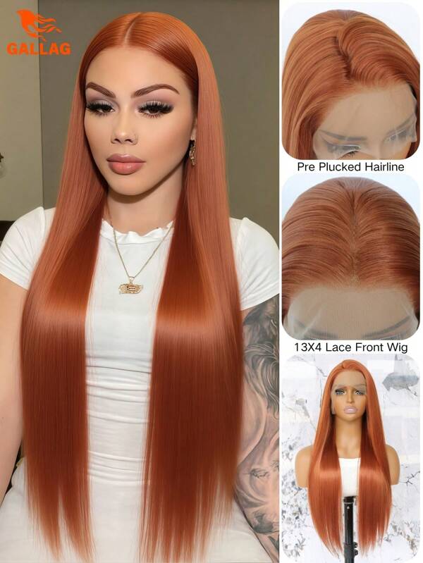 Ginger Orange 13x4 Lace Front Wig - 32 Inches Of Silky Straight, Pre - Plucked Hairline, Glueless Synthetic Fiber, Great For Women's Daily, Party And Halloween Use