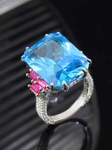 1pc Women's Engagement Ring, S925 Silver Plated 18K Gold, Luxury Square Cut Synthetic Aquamarine Ring, Suitable For Brides Engagement Wedding Jewelry - Silver - View 2