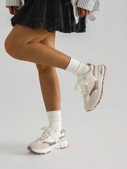 SRSOO 1 Pair Color Block Casual PU Leather Lace-Up Women Sneakers, Suitable For Outdoor, Office, All Season