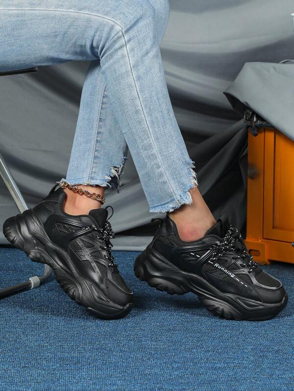 Women's Breathable Vintage High Street Commuting Casual Athletic Sneakers, Chunky Platform Chunky Sneakers, Durable And Lightweight, Black Color, Suitable For Daily Wear, Vacation And Travel
