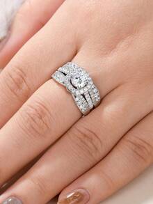 AIHUASI 2 件套奢华 925 纯银女士结婚戒指套装圆形切割 6.5*6.5 毫米 1.0 克拉耀眼 AAAAA 方晶锆石增强饰物和环绕式订婚戒指精美珠宝情人节礼物 - 銀色 - 查看 4