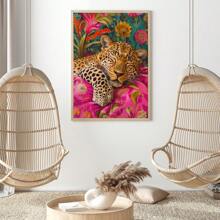 1pc, Canvas Hanging Picture, Framed, Vibrant Lion And Leopard Canvas Poster, Modern Art Wall Decor With Floral And Animal Patterns For Living Room, Bedroom, Bathroom, Home Office - Stylish Interior Home Decor, Room Decor