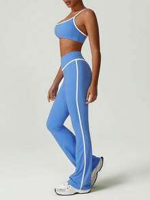 2pcs Women's Sports Set, Contrast Color Fashion Fitness Sports Bra Paired With High Waist Seamless Fitness Dance Flared Pants - Blue - View 7