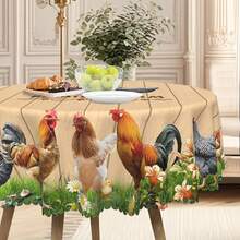 1pc Farmhouse Rooster & Floral Polyester Tablecloth - Round/Rectangle, Embossed Floral Trim, Vibrant Spring/Summer Design, Suitable For Picnics, Dinner Parties, Kitchen & Dining Room Decor, Country Farmhouse Decor, Multiple Sizes Available