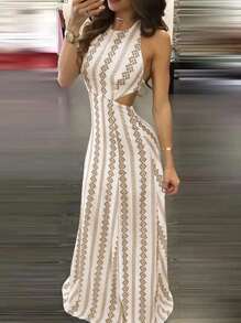 Rhombic Lattice Sexy Woven Fabric Twist Hollow Back Beach & Evening Dress, Summer