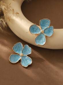 Summer Turquoise Women's Zinc Alloy Stud Earrings - Hawaiian 4-Petal Flower Design Bohemian Style Enamel, Suitable For Beach Vacation