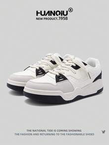 HUANQIU 2025新款男鞋男士运动鞋黑色鞋滑板鞋山水画时尚小白鞋泼墨画百搭轻便舒适小白鞋系带软底休闲鞋中国风跑鞋黑白四季鞋 - 黑與白 - 查看 3