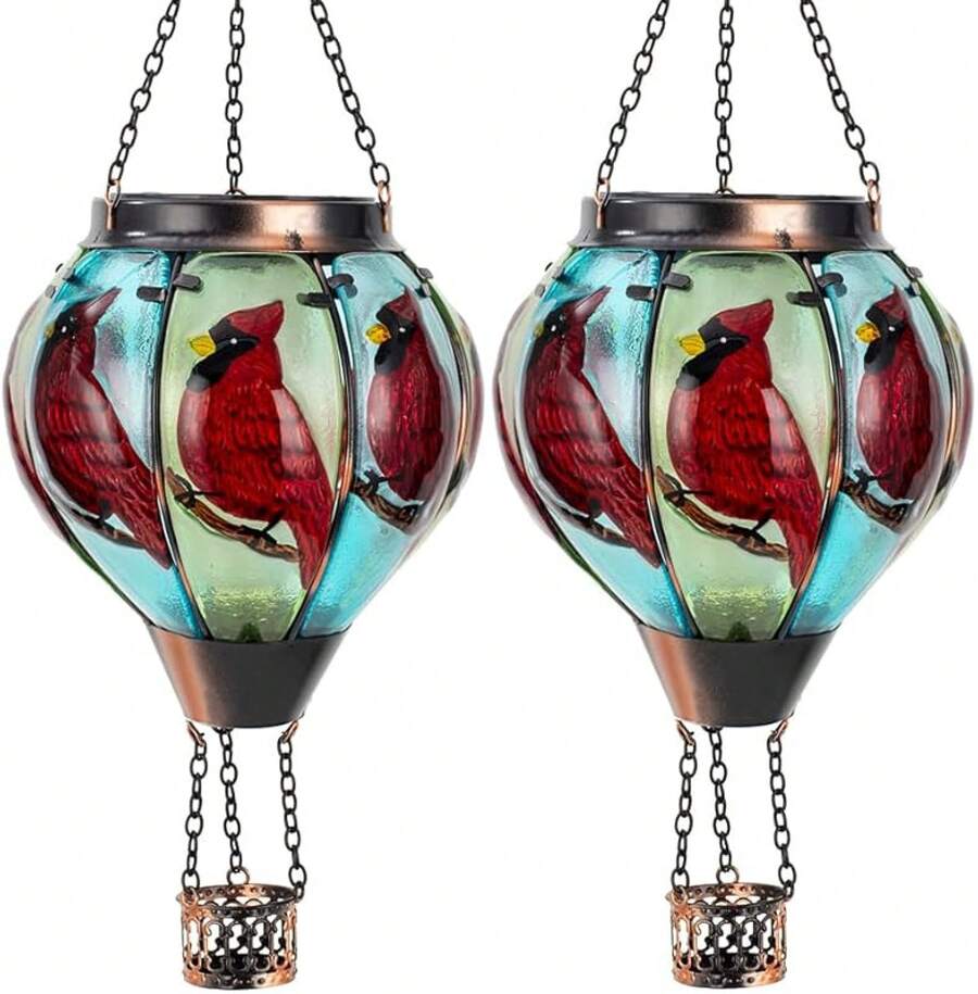 Starsoul Hot Balloon Solar Lantern With Flower Projection Metal Outdoor Waterproof Hot Balloon Solar Lights Hanging Lantern For Garden Yard Patio Decor - Cardinal-c-2pc - View 1