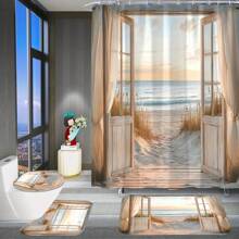 4pcs Sunset Beach Wave Pattern High Quality Shower Curtain With 12 Plastic Hooks, Bathroom Slip-Resistant Mat, U-Shape Toilet Seat Cover, Bathroom Decor Accessories Modern Home Bathroom Accessories Back To School