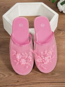 Dép đi biển đế bằng họa tiết hoa và hạt thủ công cổ điển dành cho nữ, lưới thoáng khí, đế EVA, nhẹ và mềm mại, dép đi trong nhà phong cách Bohemian thời trang, giày đế xuồng màu hồng - Hồng - Xem 6