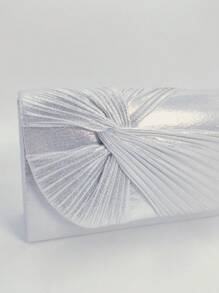 1pc Plain Glittery Knotted Clutch Purse, Silver Color Evening Bag Suitable For Parties, Banquets And Daily Use