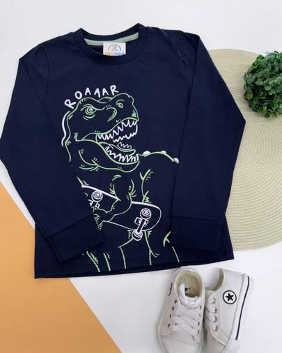 Camiseta Manga Longa Masculina Infantil Preto Marinho Dino Dinossauro Roupa Criança Alonso