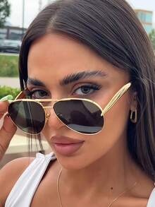 2pcs Large Frame Double Beam Metal Fashion Glasses Toad Glasses Advanced Retro Personalized Versatile Men And Women's Fashion Glasses Suitable For Daily Wear Street Photography Vacation Travel Summer Beach Accessories - 2pcs(黑色+香檳色) - 查看 4