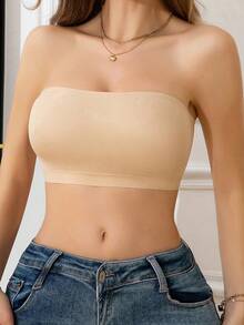 Women'S Beige Strapless Tube Bra With Front Closure & Removable Pads - Adjustable Comfort Fit, Soft Breathable Fabric For Casual Attire, Summer Underwear, Comfortable Underwear, Sleek Undergarment, Durable Underwear - 杏色 - 查看 2
