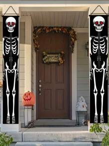 2 pezzi Decorazione da appendere alla porta con scheletri soldato per Ognissanti - Striscione bifacciale in poliestere per veranda, decorazione spaventosa da appendere per porta d'ingresso, veranda, giardino e pareti di casa, senza necessità di alimentazione elettrica per feste di Ognissanti