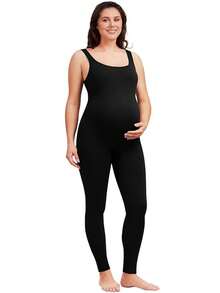Soft Vintage Maternity Bodysuit - Short Sleeve Square Neck Romper Jumpsuit, High Stretch Pregnancy Shapewear, Photo Shoot Nursing Clothes, Casual Wear & Maternity Photoshoot Outfit For Women - 黑色 - 查看 1