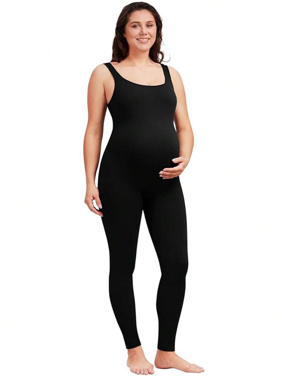 Soft Vintage Maternity Bodysuit - Short Sleeve Square Neck Romper Jumpsuit, High Stretch Pregnancy Shapewear, Photo Shoot Nursing Clothes, Casual Wear & Maternity Photoshoot Outfit For Women - 黑色 - 查看 1